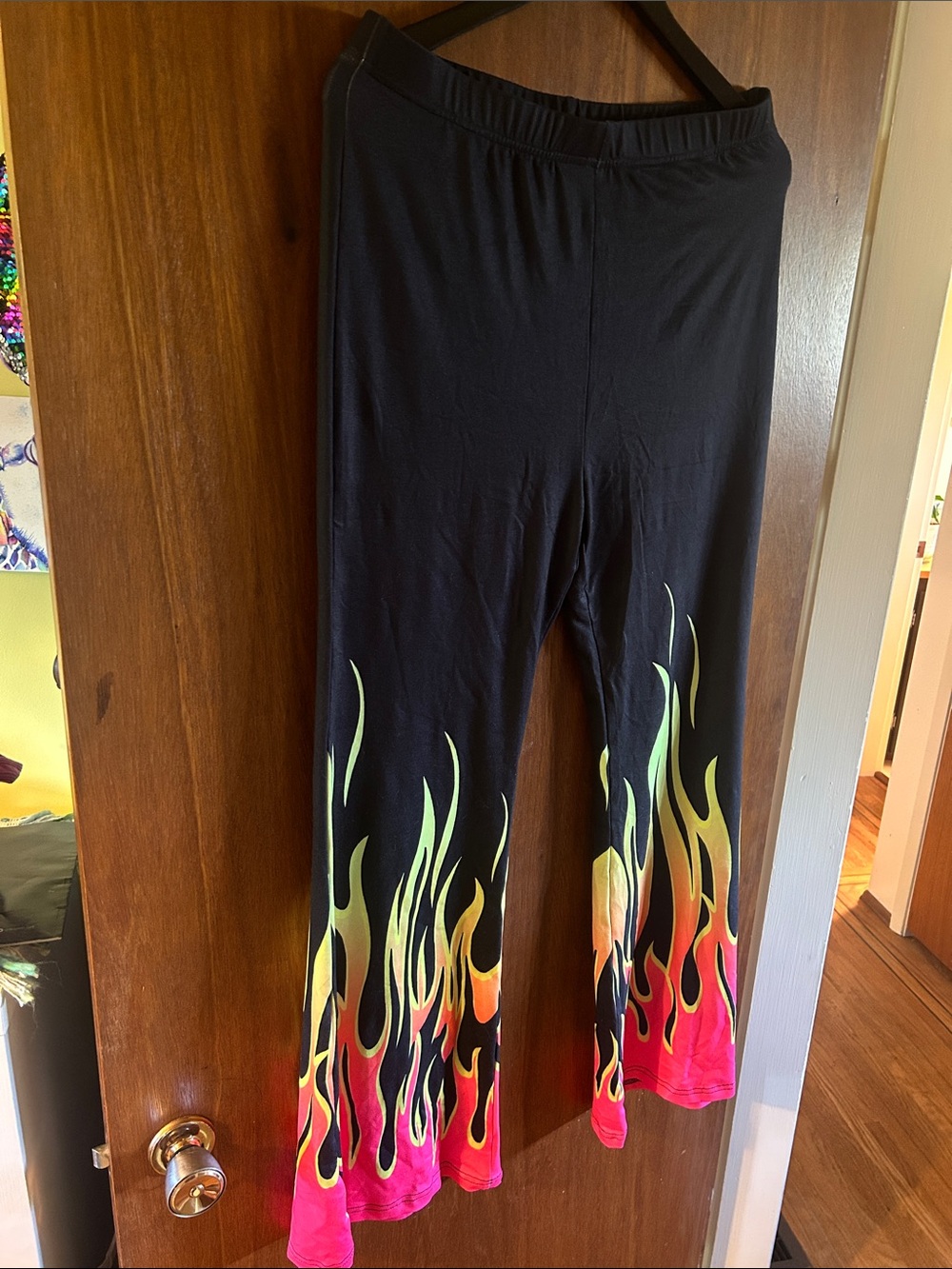 Black Flame Print Stretch flare pants
